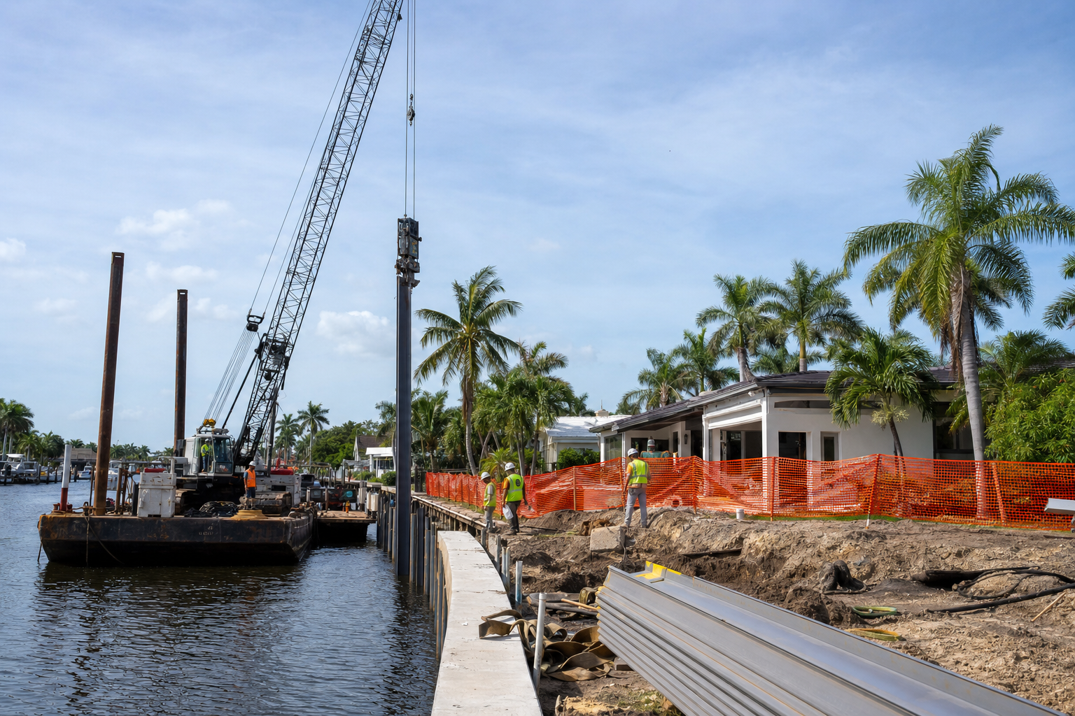 Large barge with crane in a Florida canal driving vinyl sheet piling next to a fenced-off backyard