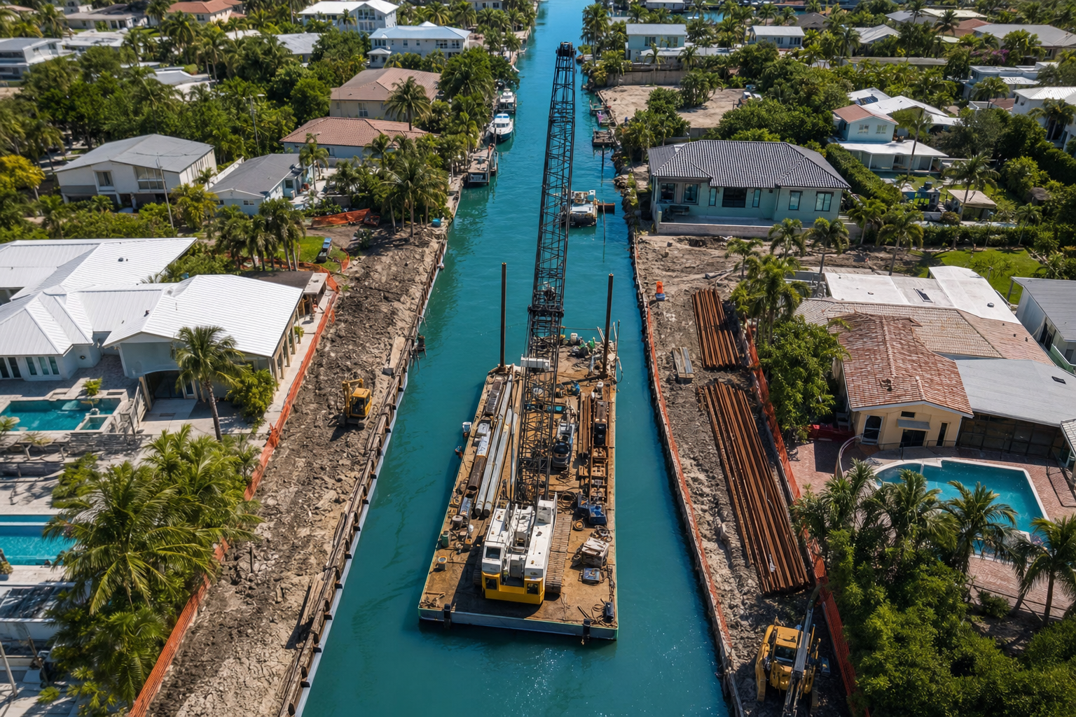 Aerial view of a barge and crew tearing up multiple canal-front Florida properties