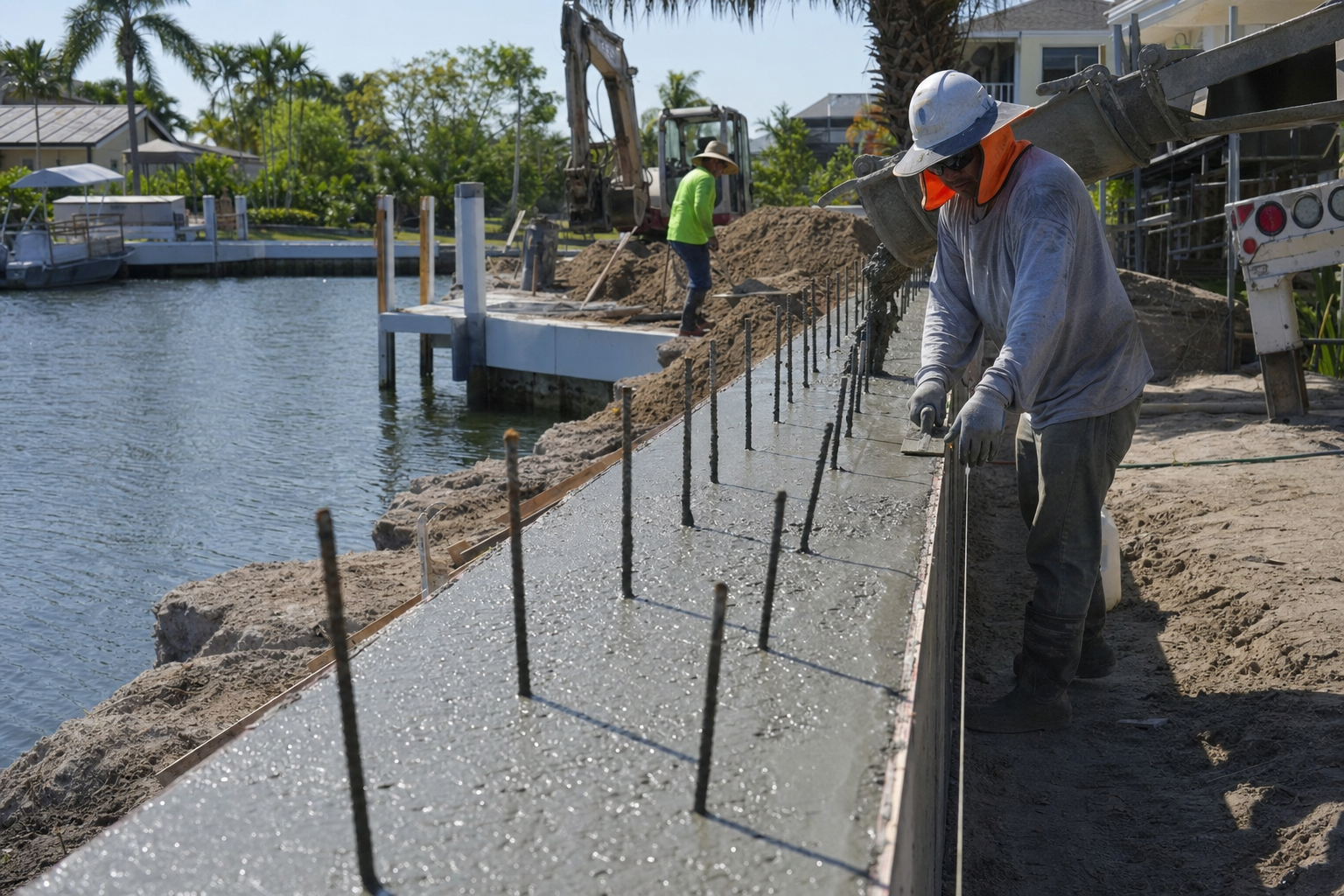 Wet concrete cap being poured along a new Florida seawall with exposed rebar