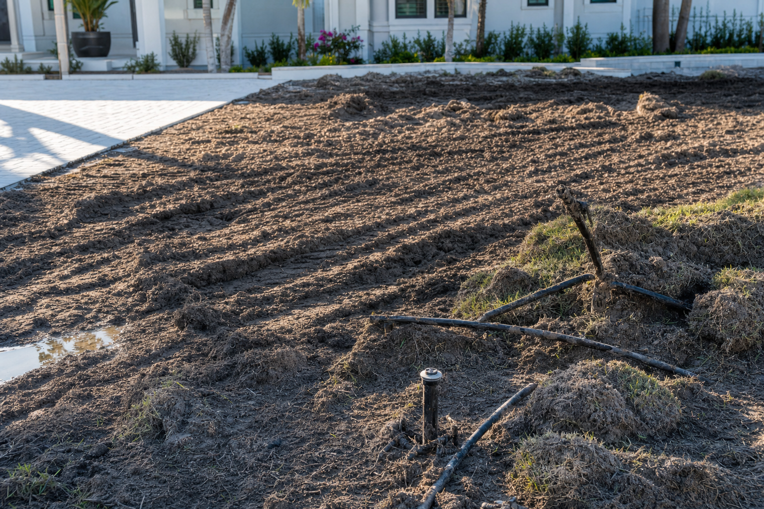 Destroyed Florida lawn with equipment ruts, torn-up sod, and exposed irrigation pipes