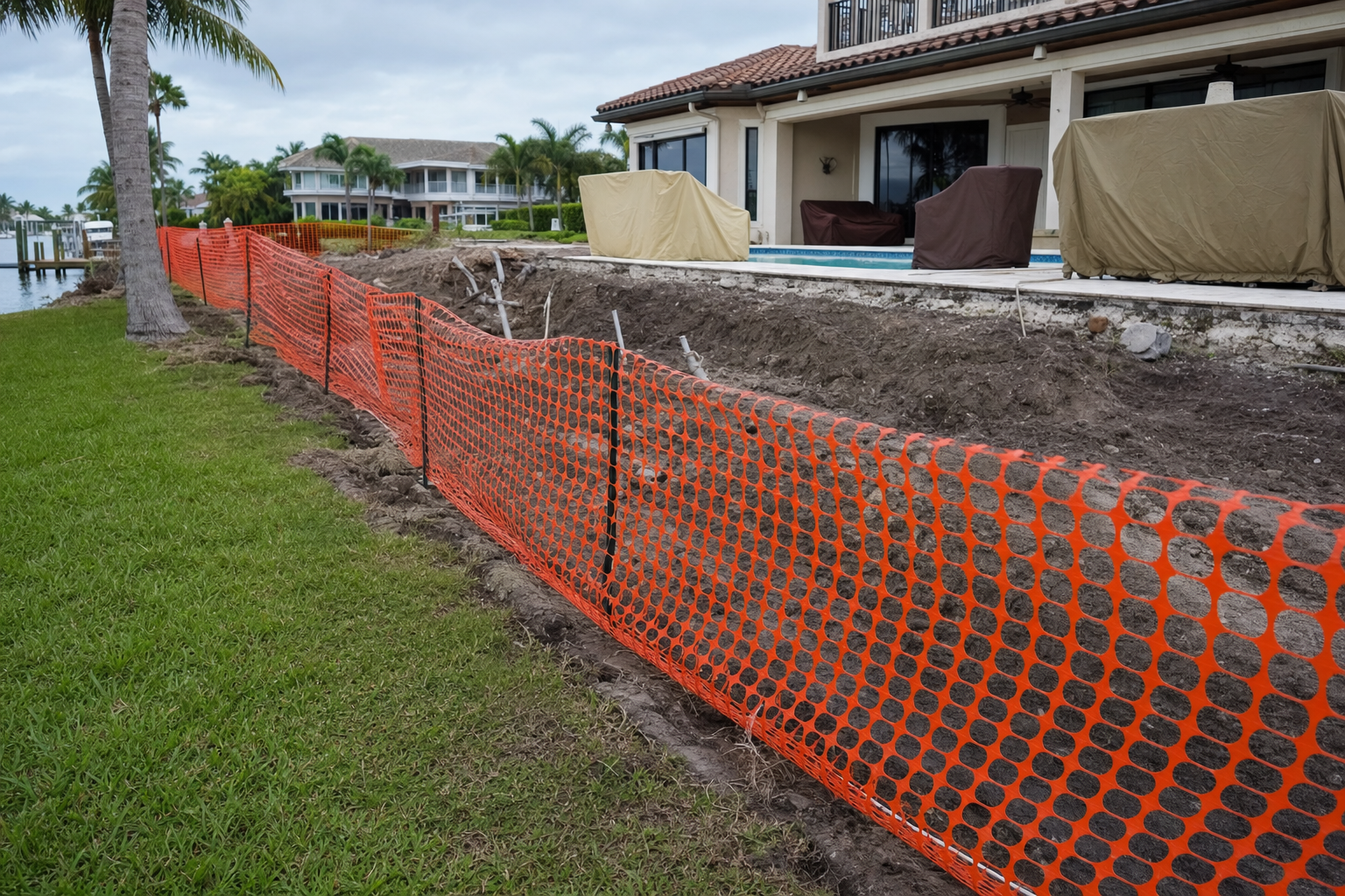 Orange construction safety fence blocking off a Florida backyard during seawall replacement