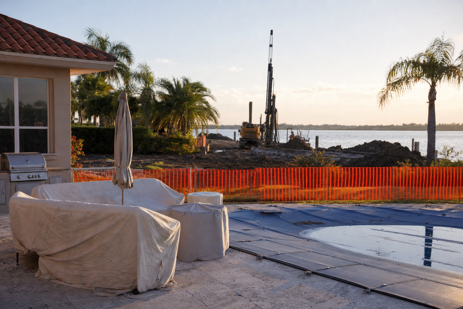 Empty Florida patio with tarped furniture and covered pool fenced off behind orange construction safety fencing