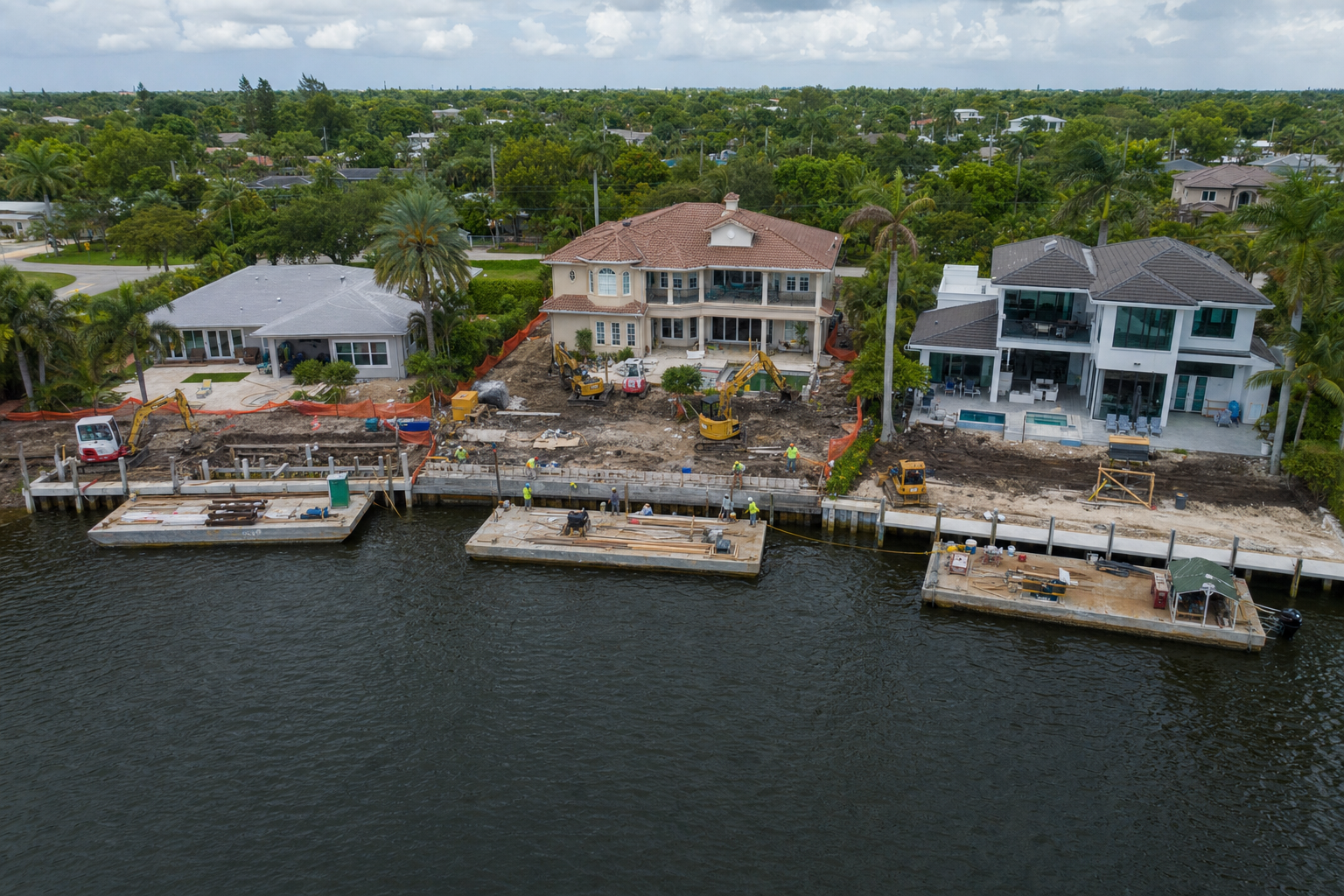 Aerial view of multiple adjacent Florida canal-front properties simultaneously undergoing seawall replacement