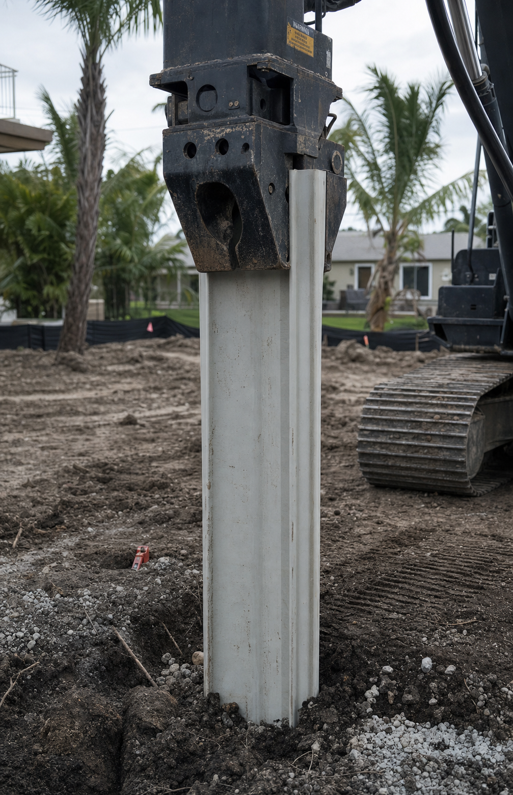 Vinyl sheet pile being driven by a pile driver during seawall replacement