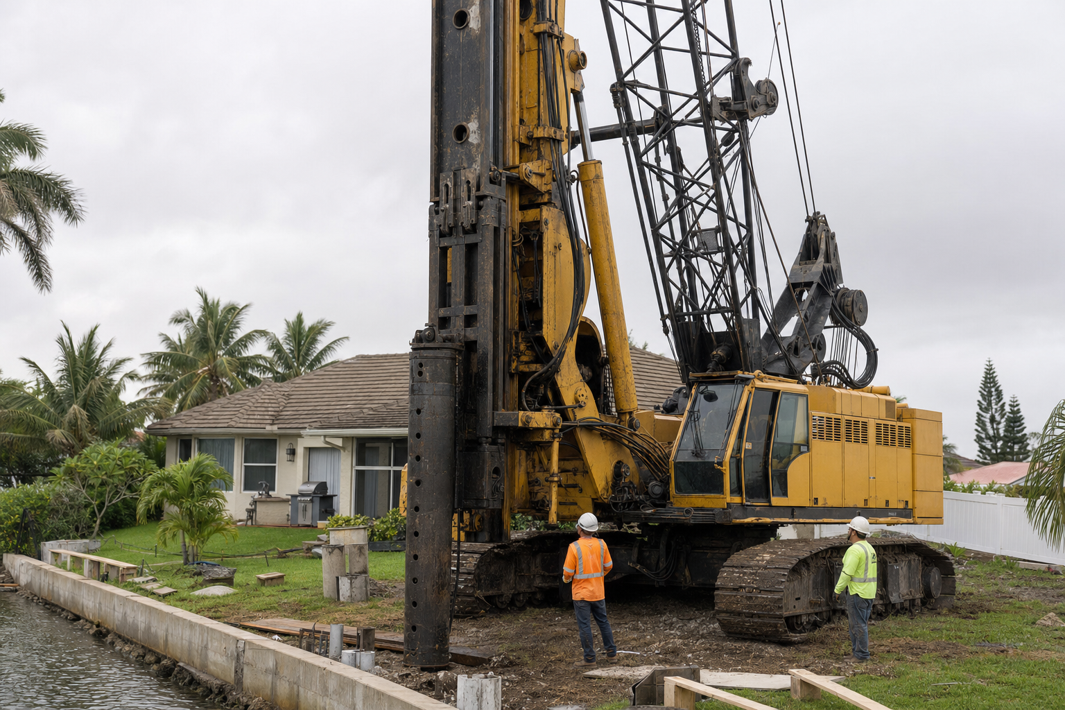 Massive crawler crane dwarfing a small Florida residential backyard