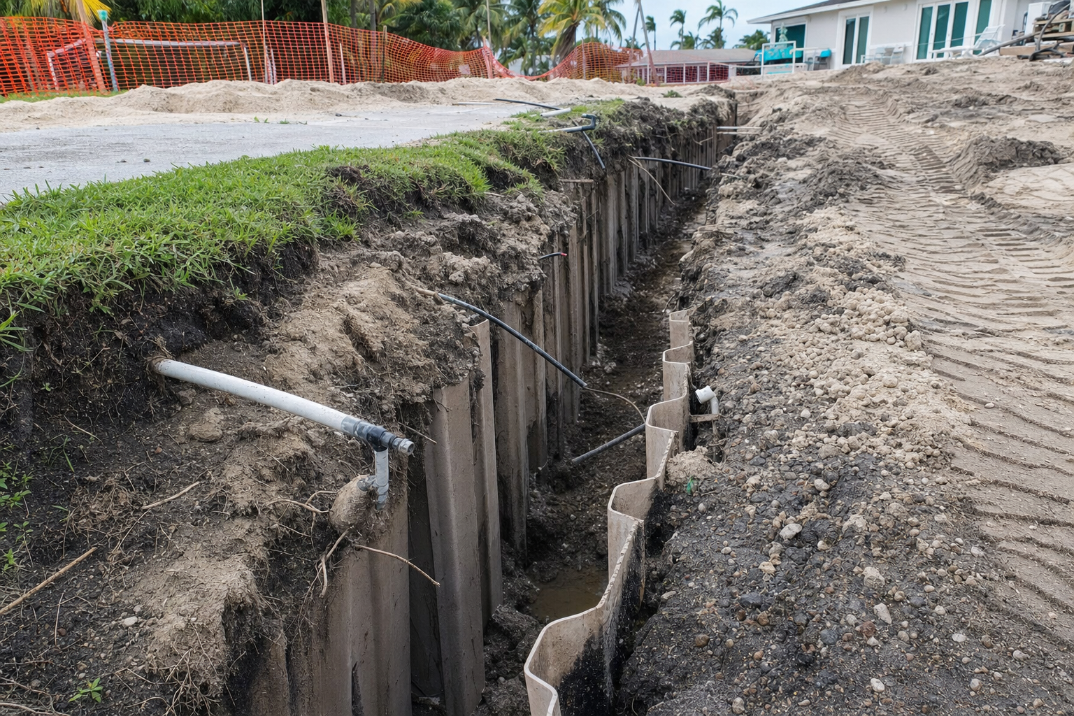 Ground-level trench across a torn-up Florida backyard during seawall replacement